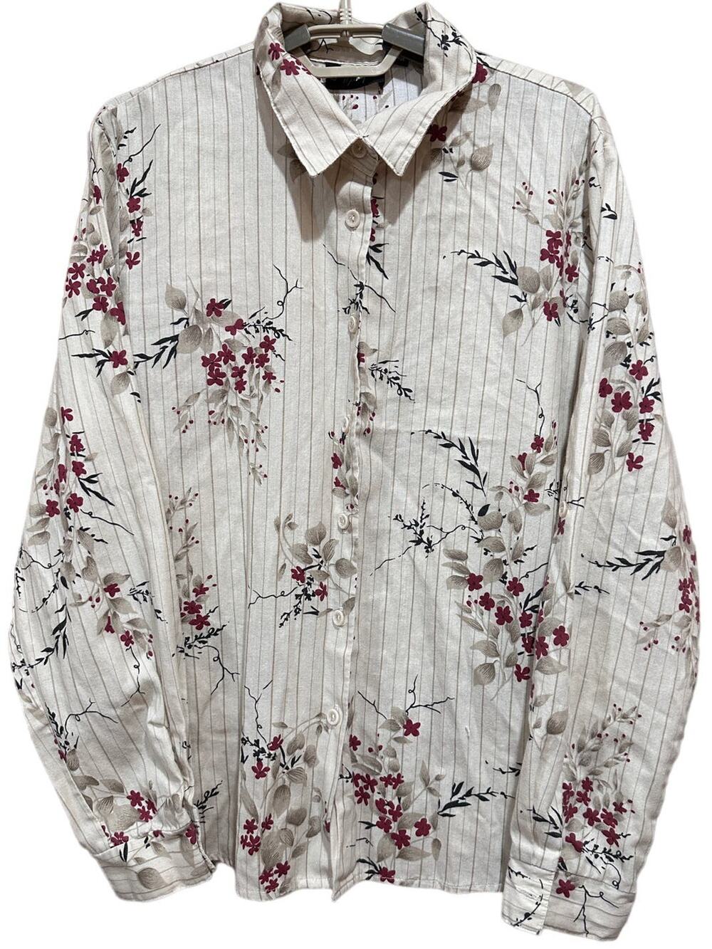 Tapestry Button Up Shirt XL Beige Red Striped Floral Made In USA Cottage Country